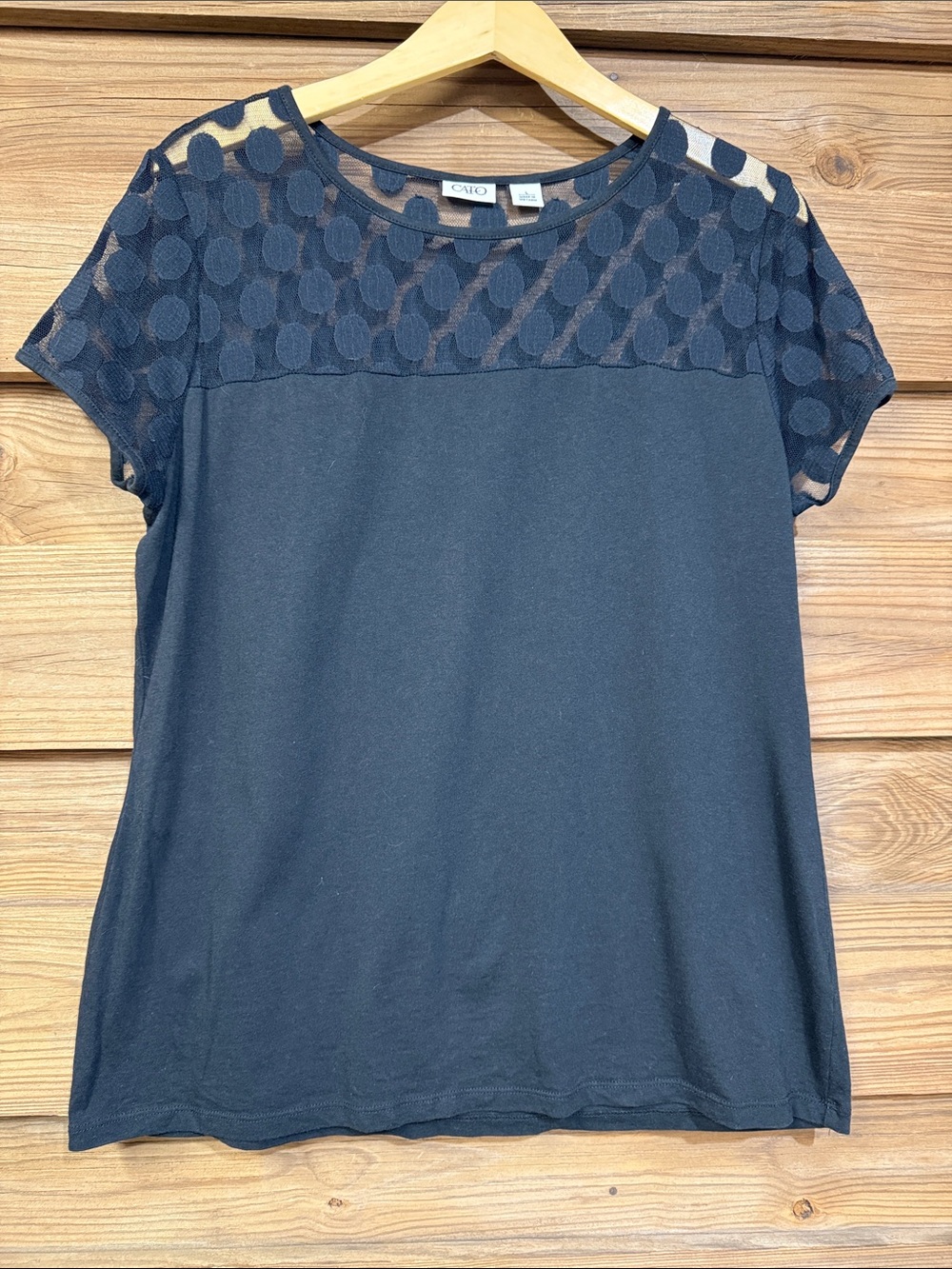 Cato Black Short Sleeve Tee with Polka-Dot Mesh Yoke